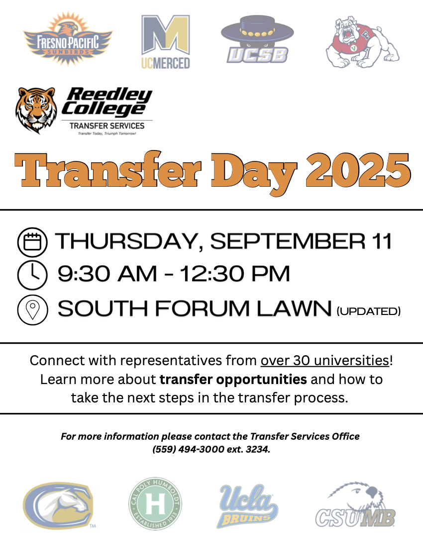 Event flyer for Reedley College Transfer Day 2025, featuring details about the event, including the date, time, location, and information on connecting with university representatives.