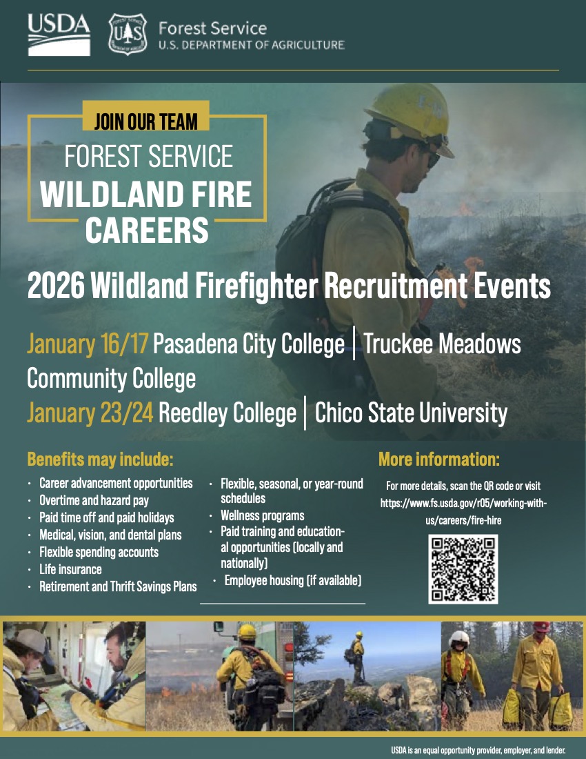 A recruitment flyer for the USDA Forest Service featuring upcoming wildland firefighter career events with details on locations and dates.