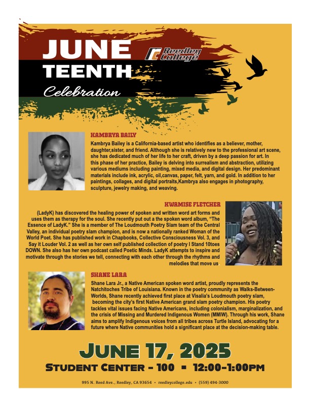 Juneteenth Celebration flyer featuring event details, artist bios, and date: June 17, 2025 at Reedley College