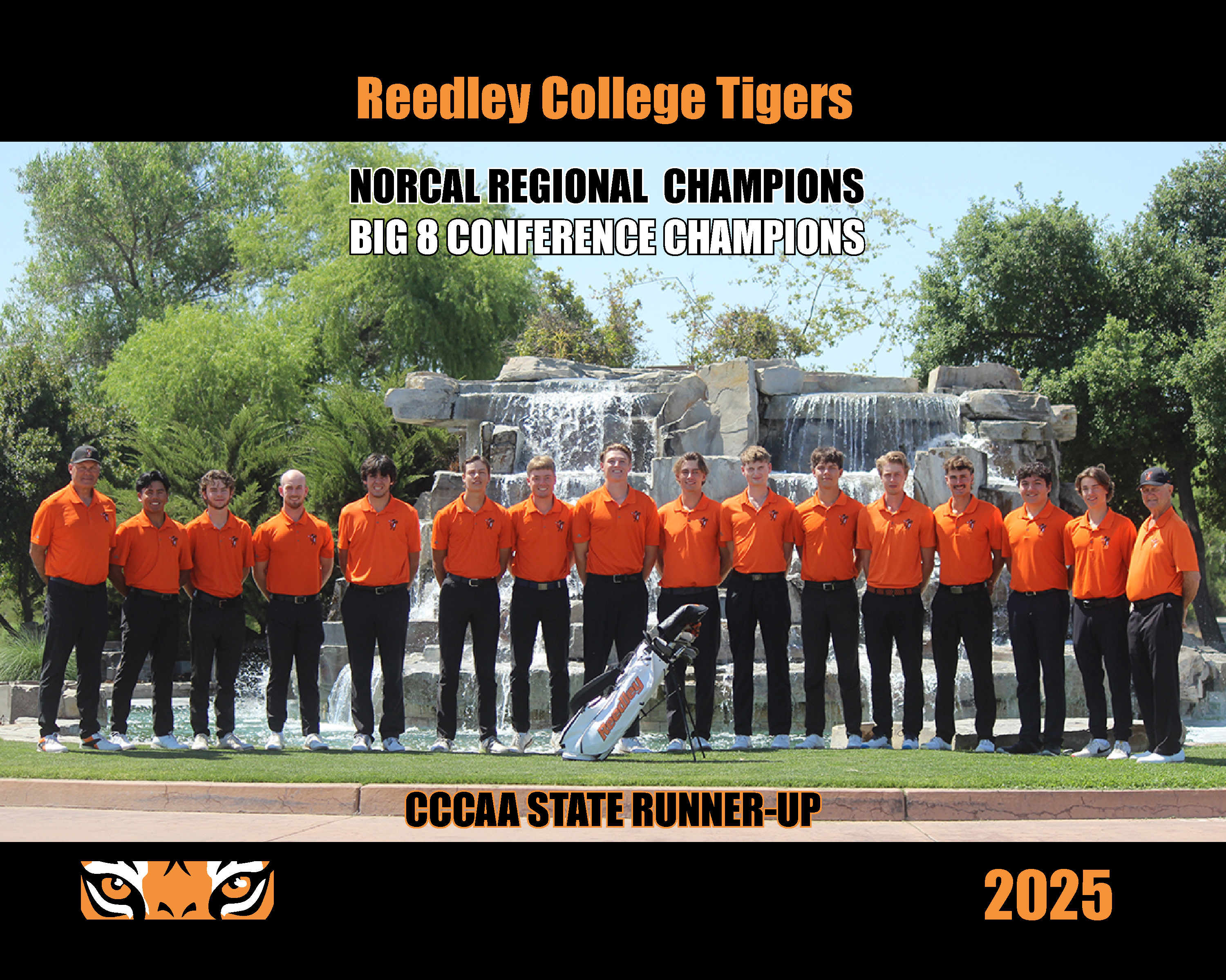 Reedley College Tigers golf team posing outdoors in matching orange shirts, celebrating their achievements as Norcal Regional Champions and Big 8 Conference Champions, with a trophy and golf clubs in front of a waterfall backdrop.