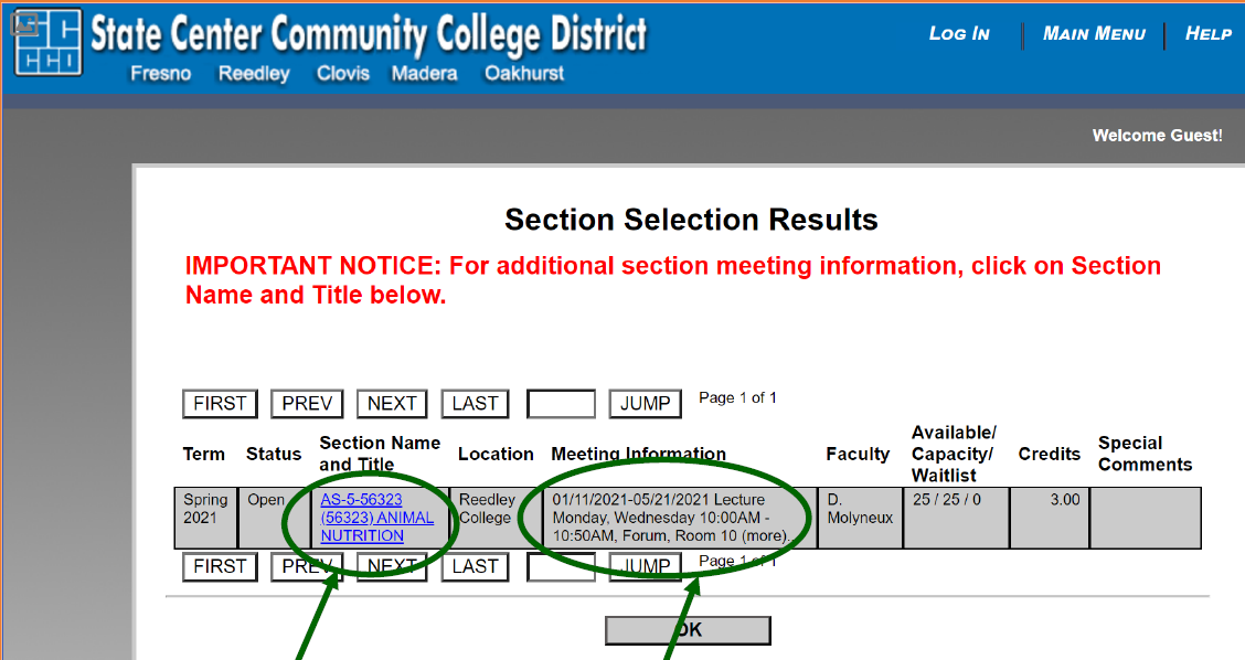 Webadvisor Screenshot Example of In Person Course