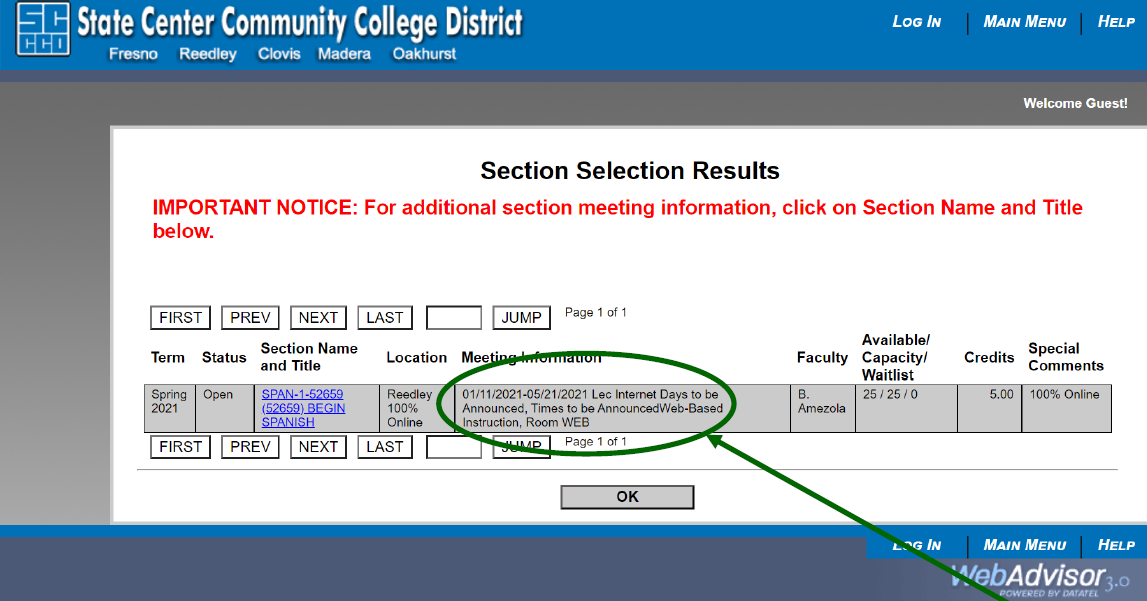 example of a WebAdvisor listing for an asynchronous