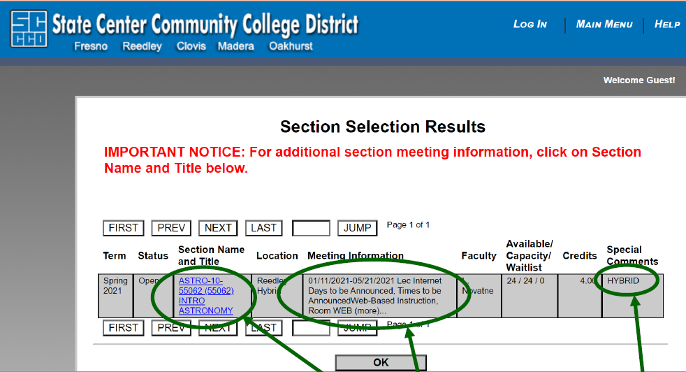 webadvisor screen shot example of hybrid course