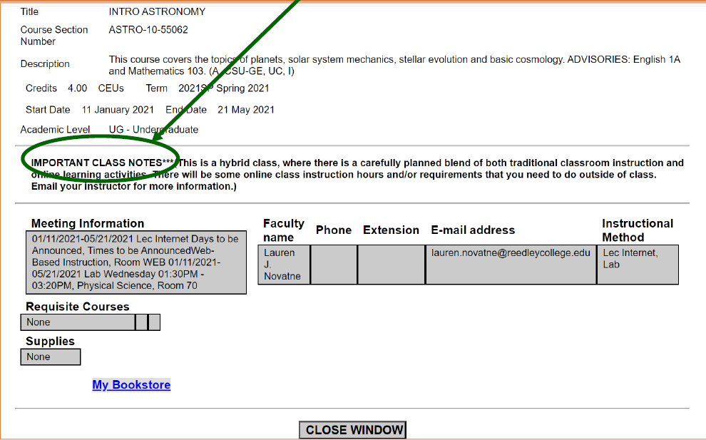 webadvisor screenshot example showing important class notes