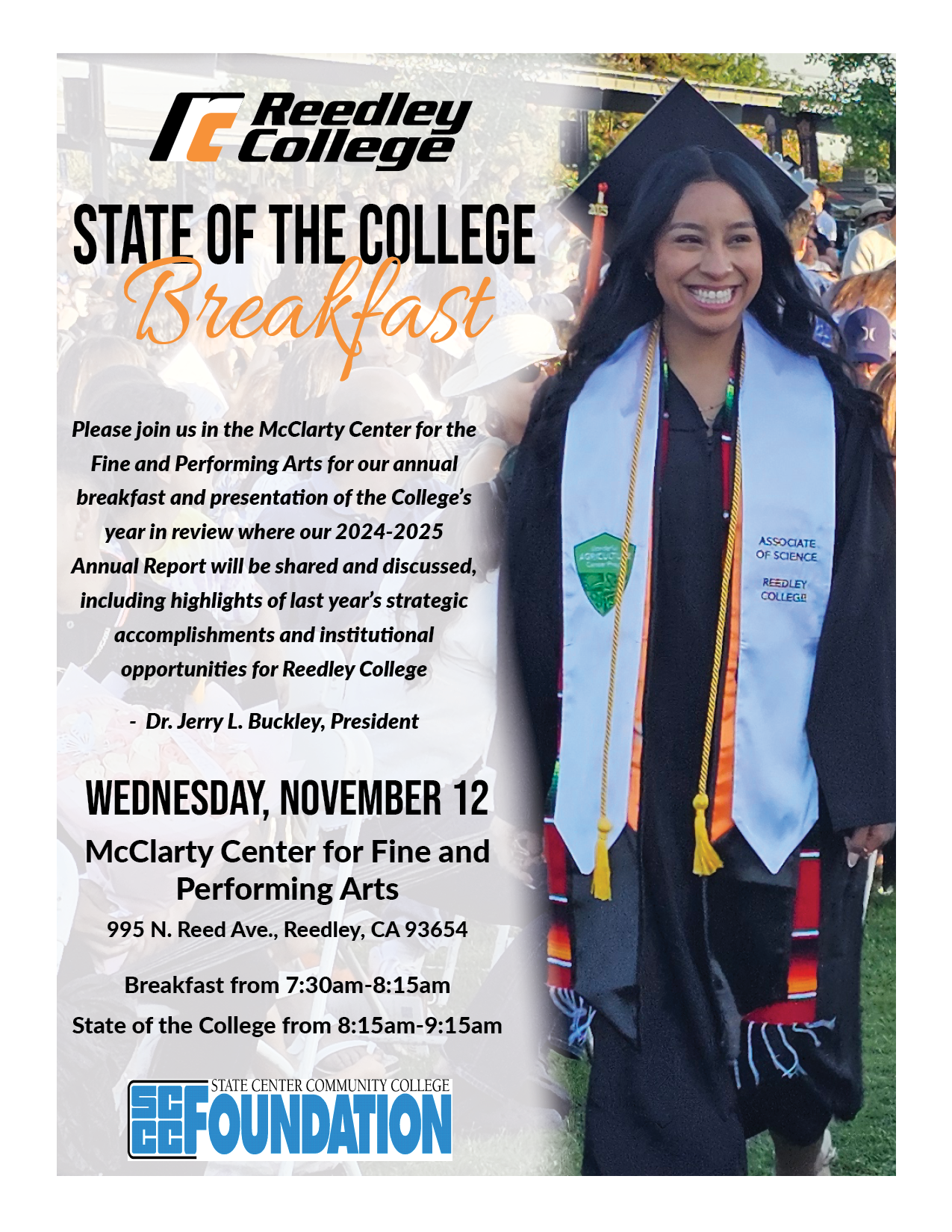 Promotional flyer for Reedley College's State of the College Breakfast, featuring a smiling female graduate in academic regalia, detailing event information and inviting attendees.