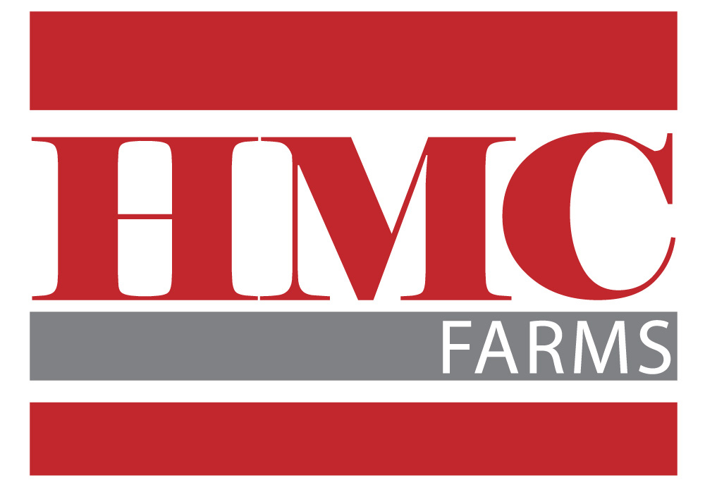 HMC Farms logo featuring bold red lettering with a gray accent.