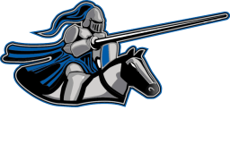 A knight in armor riding a horse, brandishing a spear, illustrated with blue and silver accents.