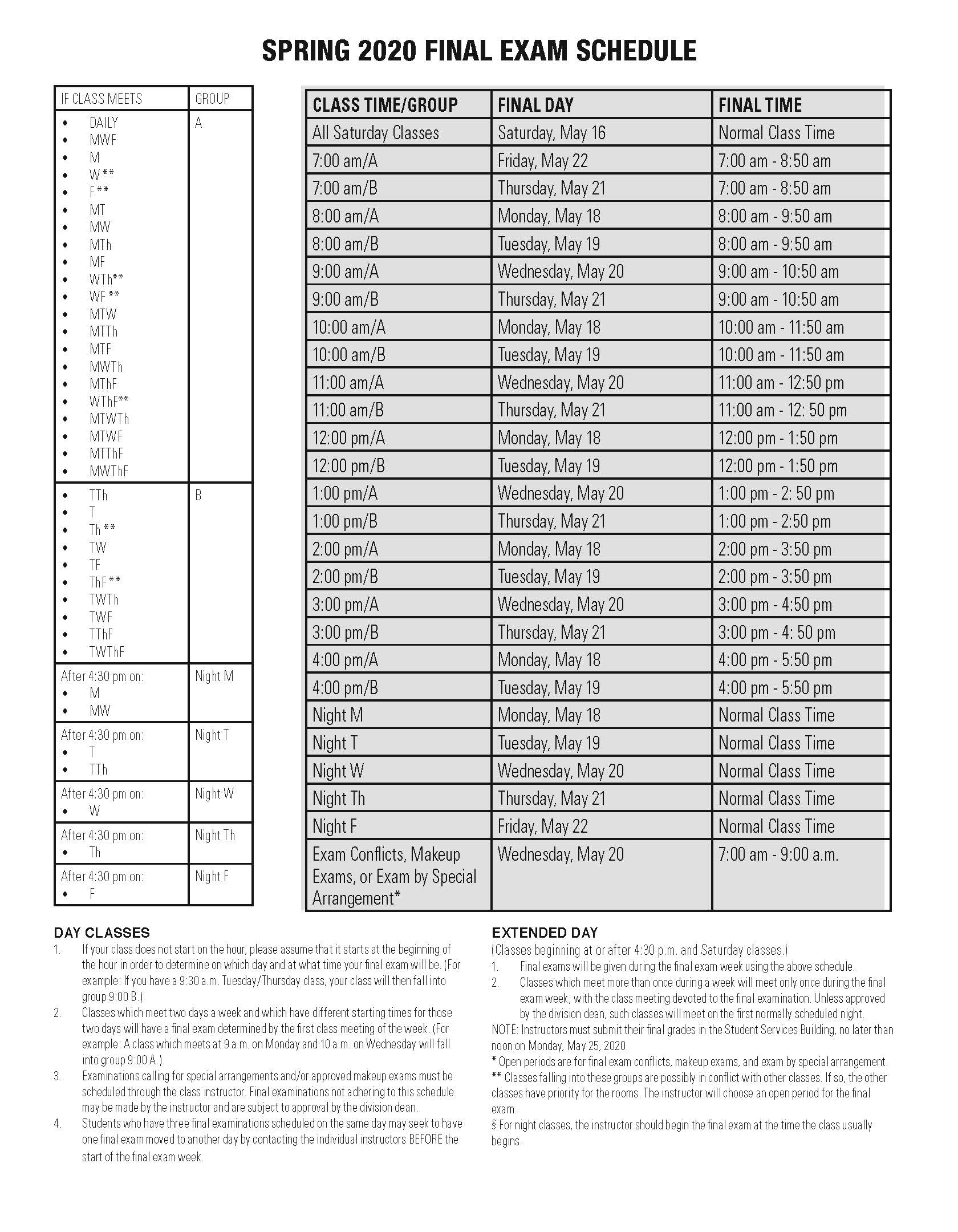 2020 Finals Schedule Reedley College