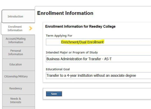 On application type Enrollment / dual Enrollment for Term applying
