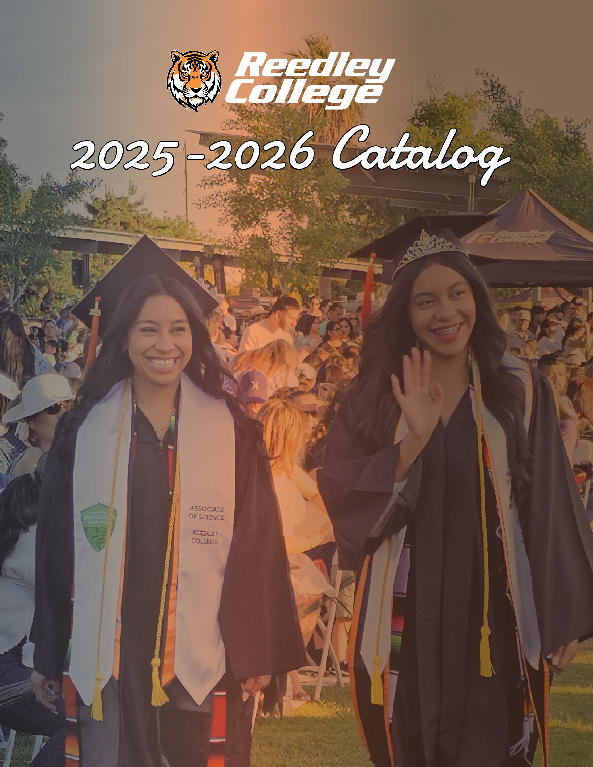 Graduates celebrating at Reedley College's commencement ceremony, featured in the 2025-2026 catalog.