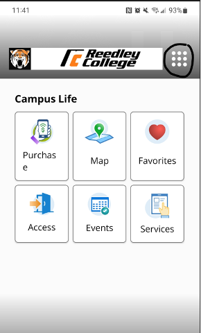 touchnet app screen with waffle menu on top right corner being highlighted