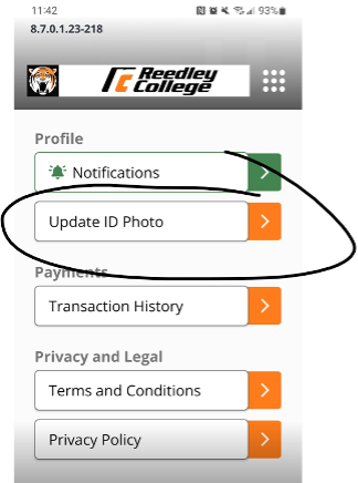 touchnet app screen with update ID photo button circled