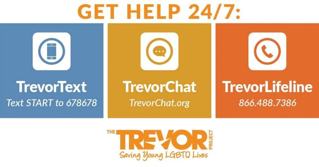 Trevor Project logo promoting 24/7 support for young LGBTQ lives through text, chat, and hotline services.