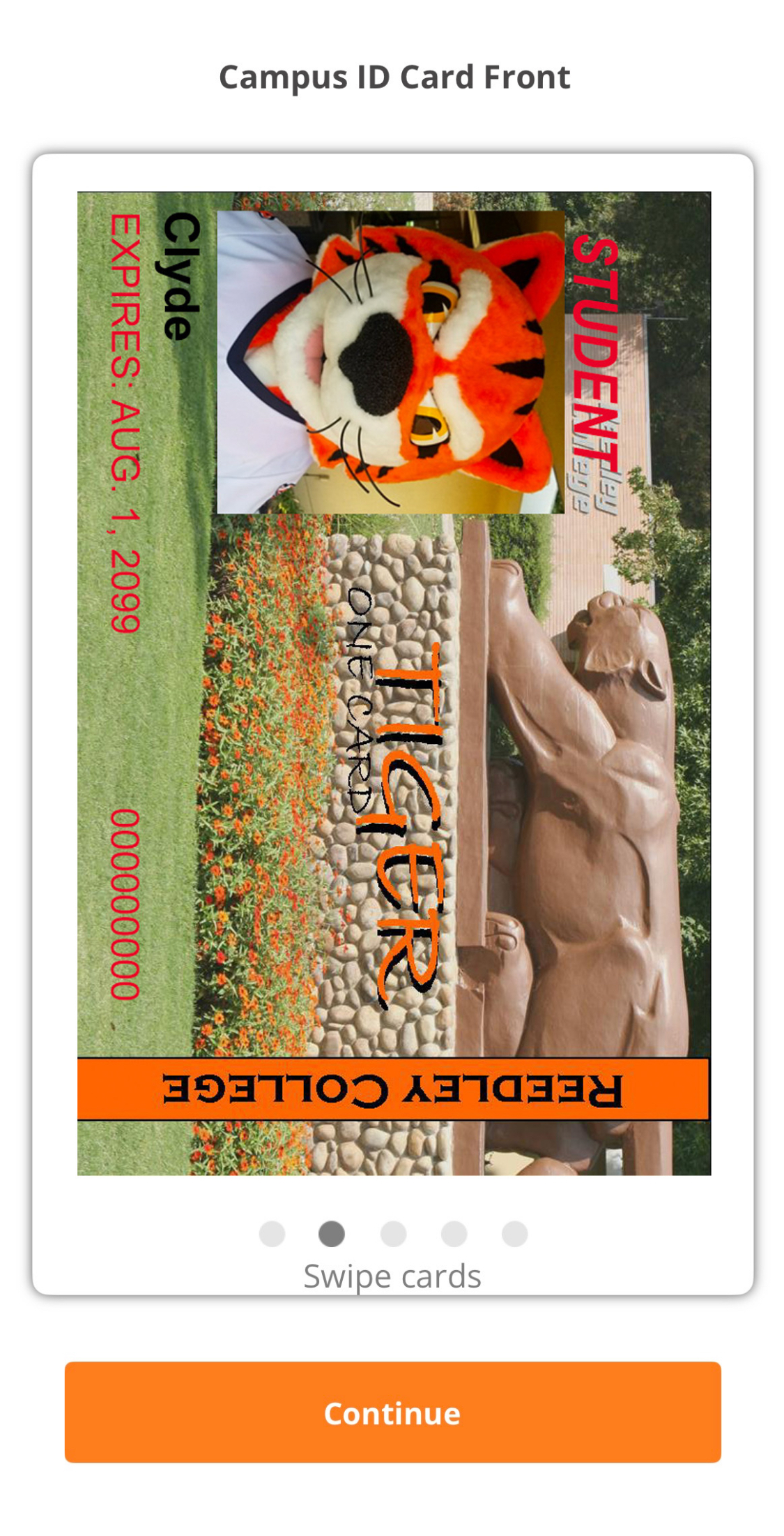 Reedley College student ID card with mascot Clyde, tiger statue, and ‘Tiger One Card’ text. Expires August 1, 2099.