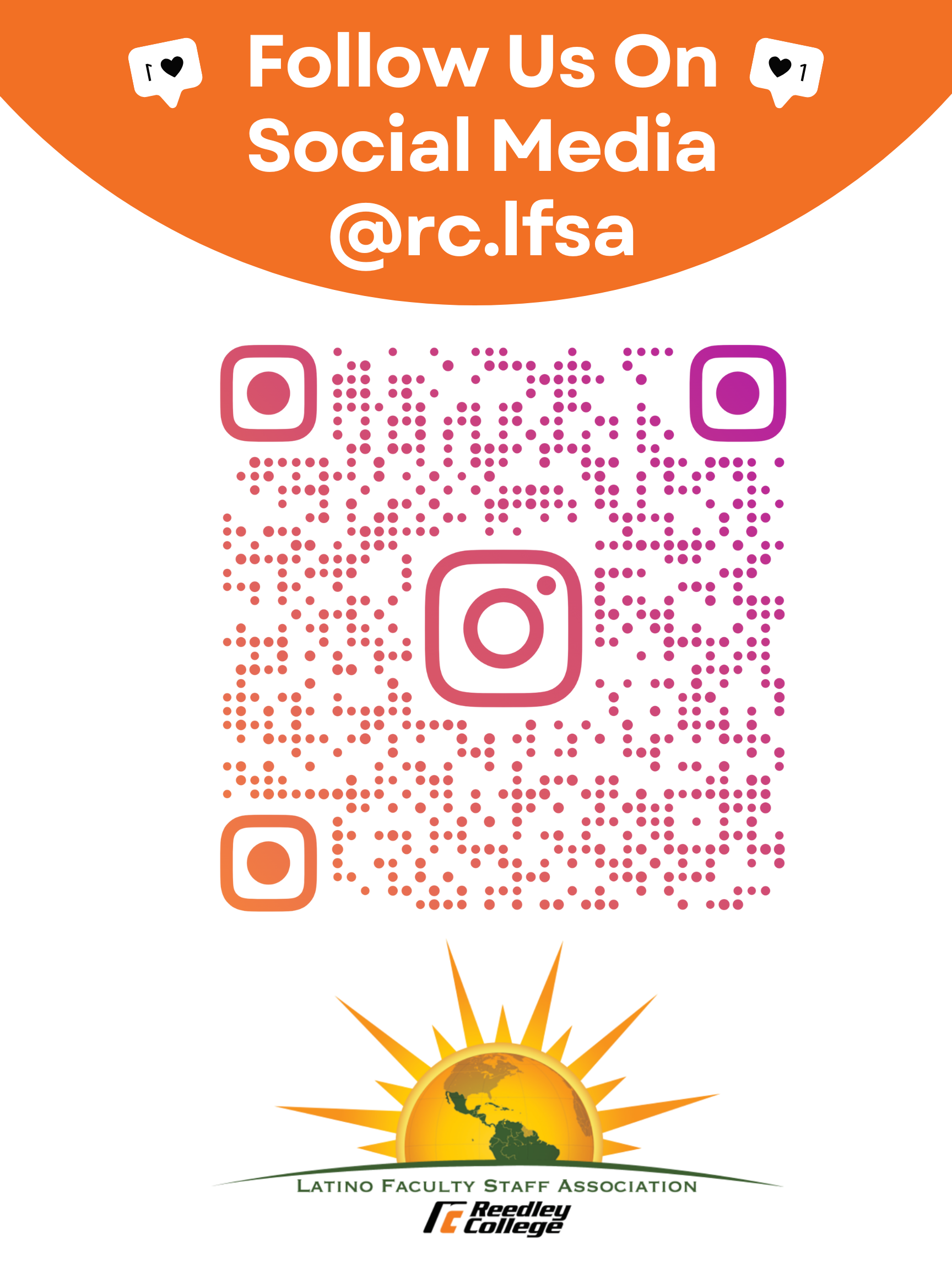 QR code inviting users to follow the Latino Faculty Staff Association on social media, featuring a sun logo and the organization’s name.