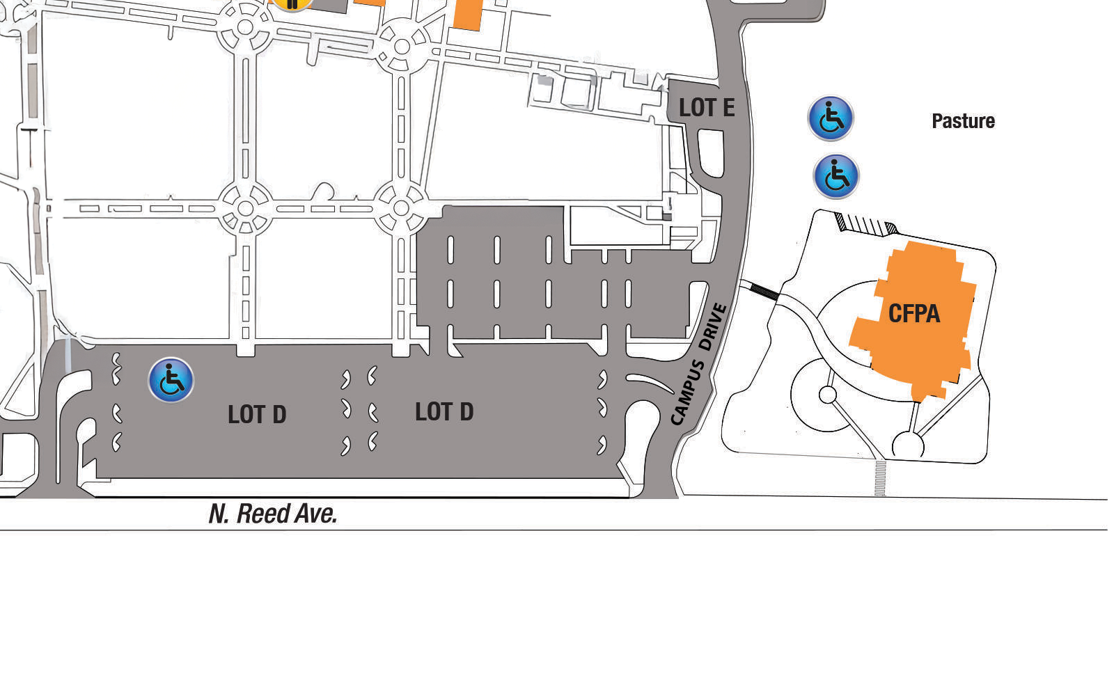 Reedley College Map showing parking lot D and street access to the south side of the campus.